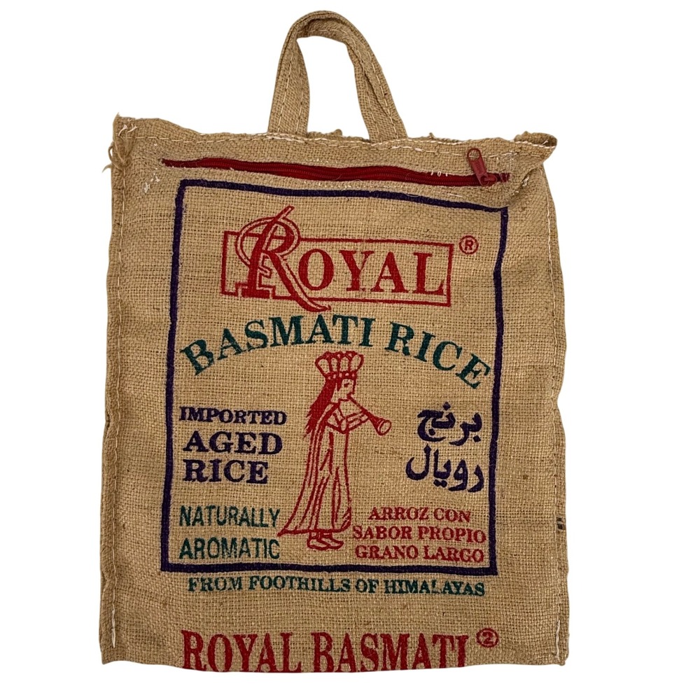 🔴 5 for $25! Vintage Royal Basmati Rice Upcycled Burlap Jute Tote Bag Zipper T